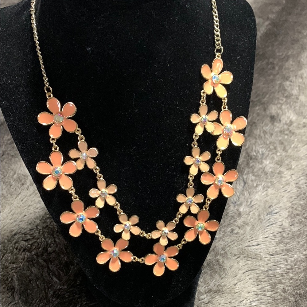 Floral Gold Necklace‎ with Orange Accents 8082